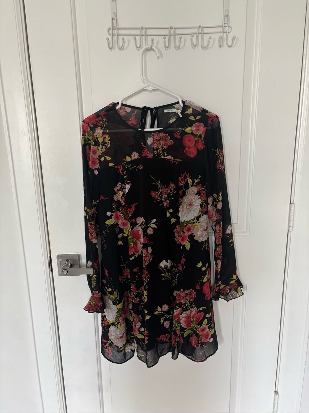 Urban Outfitters Black Floral Tie-Back Mini Dress with Pink and Cream Blooms
